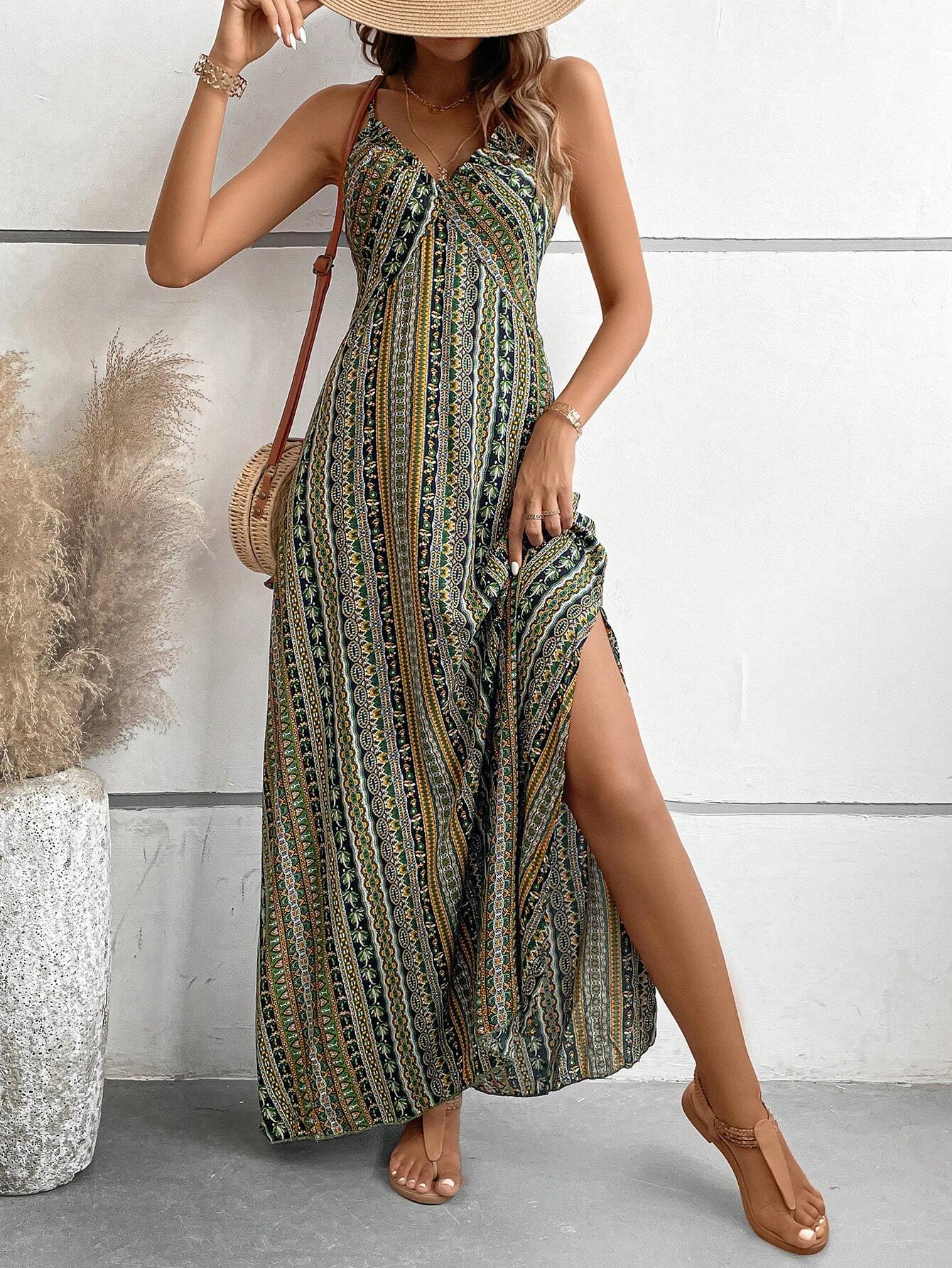 AliExpress Women's Summer Ethnic Pattern Backless Split Thigh Dress Ladies Summer Clothes Boho Fashion Frill Trim Long Dress for Beach, view 2
