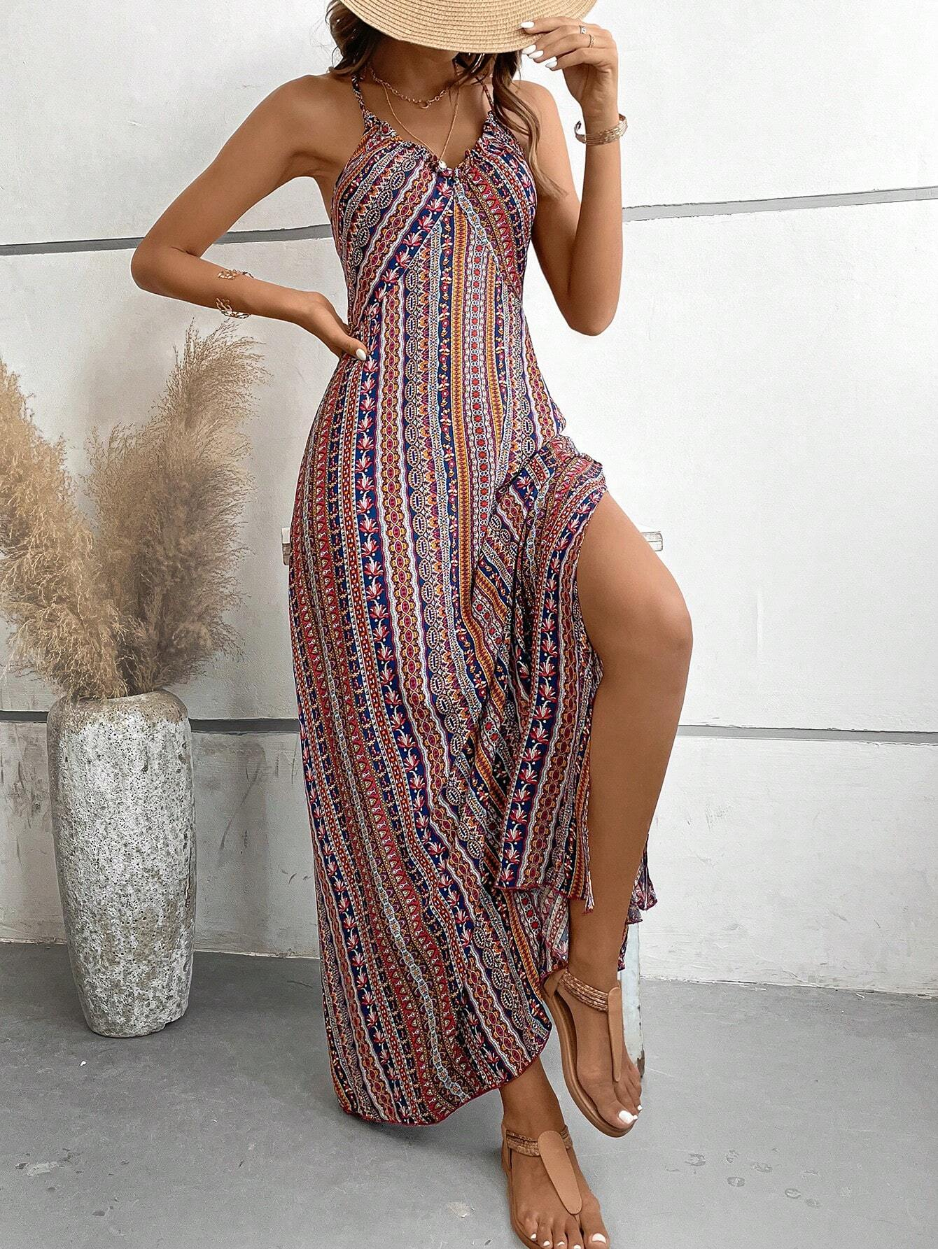 AliExpress Women's Summer Ethnic Pattern Backless Split Thigh Dress Ladies Summer Clothes Boho Fashion Frill Trim Long Dress for Beach, view 4
