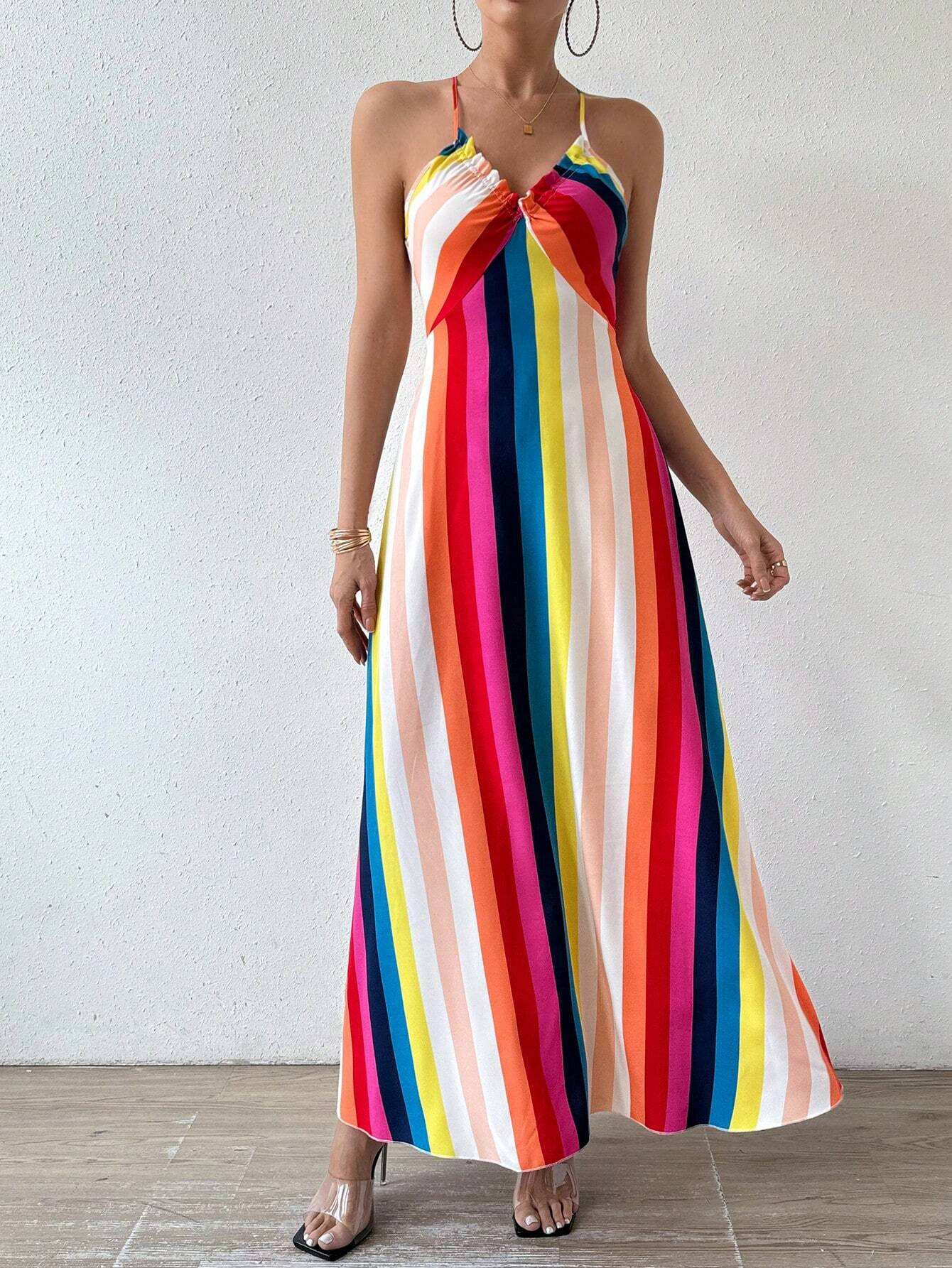 AliExpress Women's Summer Ethnic Pattern Backless Split Thigh Dress Ladies Summer Clothes Boho Fashion Frill Trim Long Dress for Beach, view 6