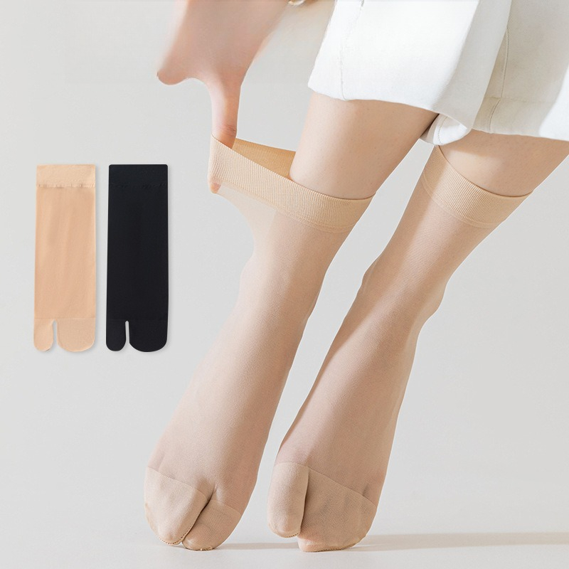 AliExpress Women's Summer Ultra Thin Toe Socks Sexy Breathable Toe-separated Mid Tube Socks Solid Color Casual Transparent Tabi Silk Socks, view 2