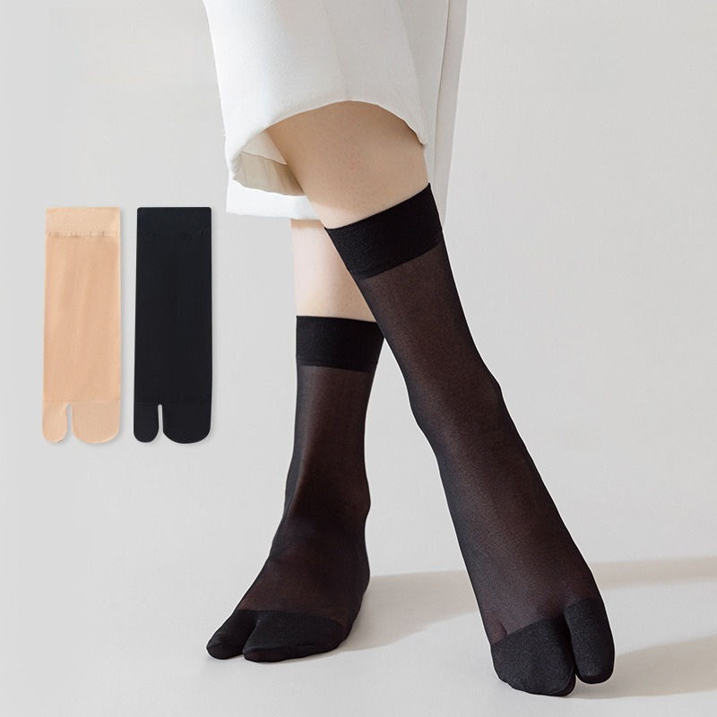 AliExpress Women's Summer Ultra Thin Toe Socks Sexy Breathable Toe-separated Mid Tube Socks Solid Color Casual Transparent Tabi Silk Socks, view 3
