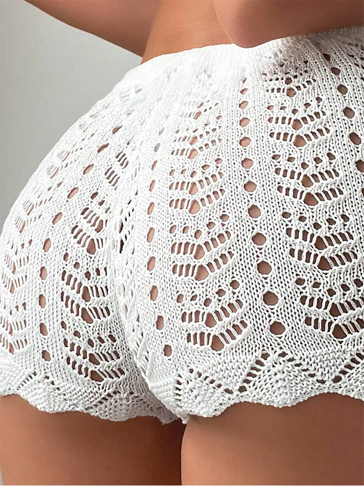 AliExpress Women's White Crochet Knit Shorts High Waist Elastic Drawstring Hot Pants, Summer Beach Hollow Out Mesh Bottoms, view 3