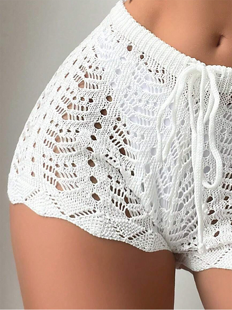 AliExpress Women's White Crochet Knit Shorts High Waist Elastic Drawstring Hot Pants, Summer Beach Hollow Out Mesh Bottoms, view 4