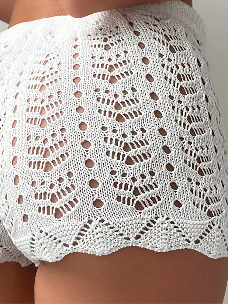 AliExpress Women's White Crochet Knit Shorts High Waist Elastic Drawstring Hot Pants, Summer Beach Hollow Out Mesh Bottoms, view 5