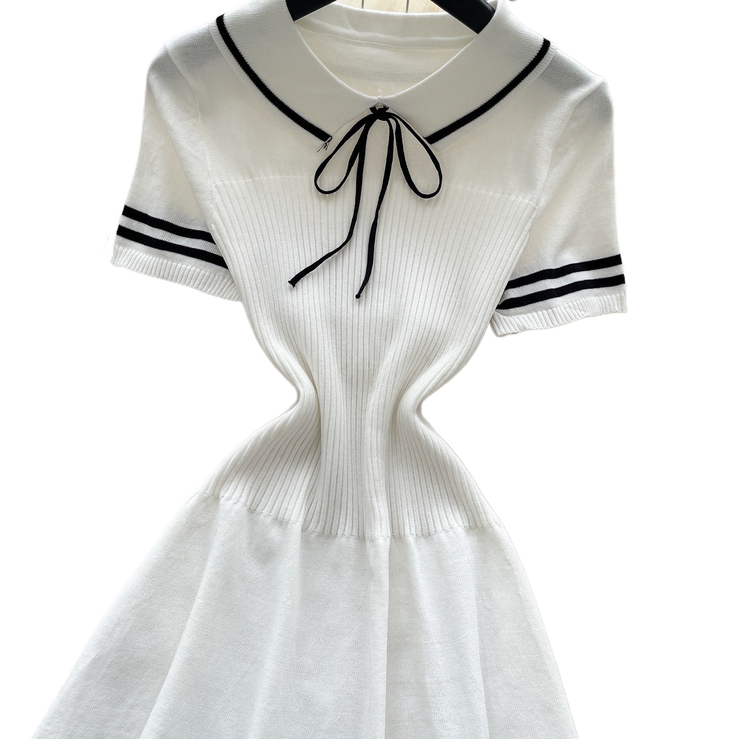 AliExpress Women's White Short Sleeve Peter Pan Collar Bow Sundress Striped Hem Stretchy Ribbed Knit A-Line Mini Dress Casual Party Dress, view 5