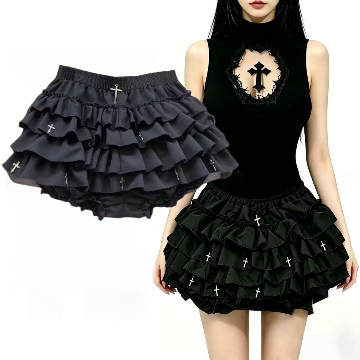 AliExpress Women Skirts Tiered Ruffles Mini Skirt Cross Charms Built-in Shorts Kawaii Japanese Skort Gothic Punk Y2K Girl Harajuku 90s Sexy