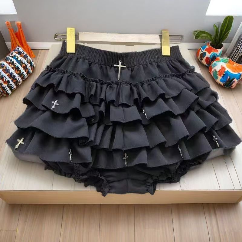 AliExpress Women Skirts Tiered Ruffles Mini Skirt Cross Charms Built-in Shorts Kawaii Japanese Skort Gothic Punk Y2K Girl Harajuku 90s Sexy, view 2