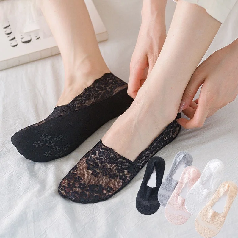 AliExpress Women Socks Summer Thin Breathable Silicone Non-slip Invisible Lace No-show Boat Sock Transparent JK Fashion Casual Low Cut Sock