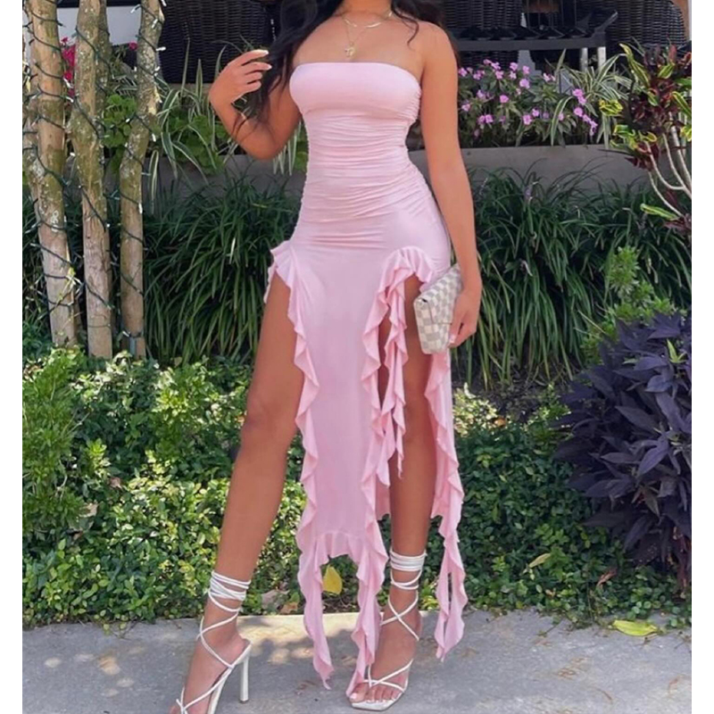 AliExpress Women Strapless Sexy Floral Fold Hemline High Slit Mini Dress 2024 Solid Backless Sleeveless Black And Pink Party Dress Vestidos