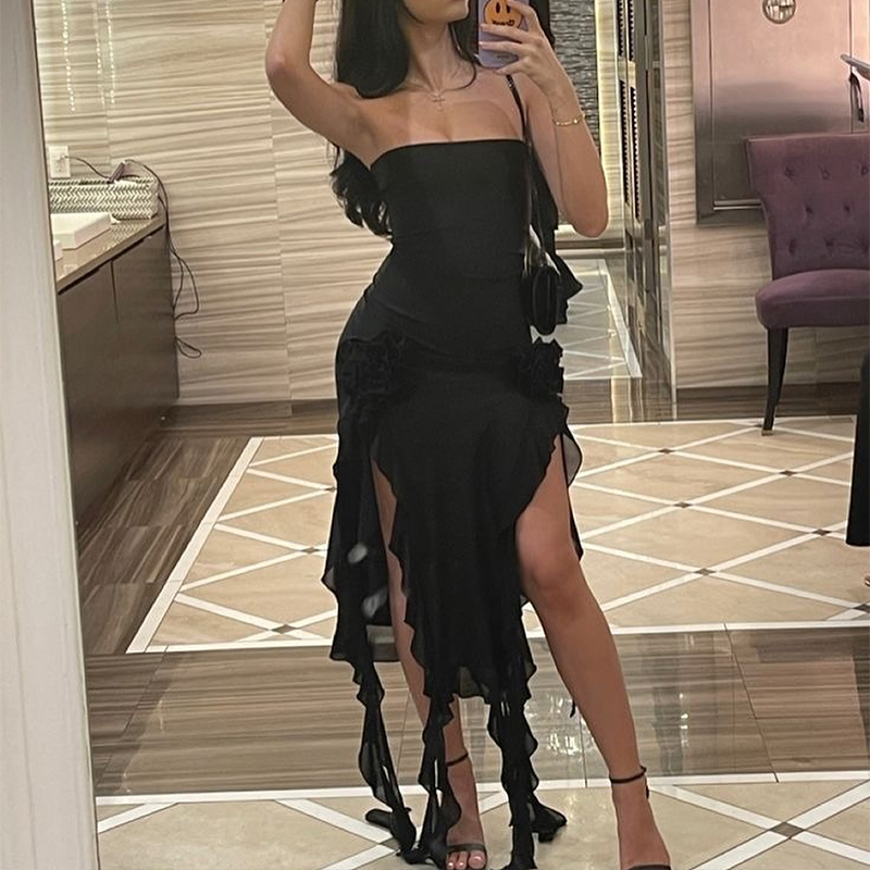 AliExpress Women Strapless Sexy Floral Fold Hemline High Slit Mini Dress 2024 Solid Backless Sleeveless Black And Pink Party Dress Vestidos, view 2