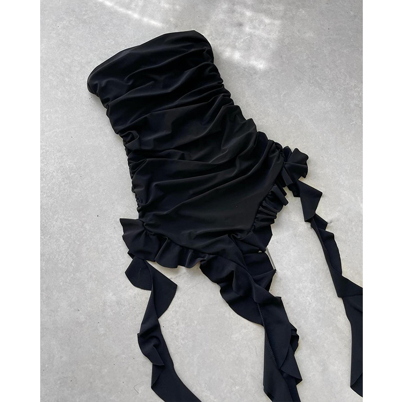AliExpress Women Strapless Sexy Floral Fold Hemline High Slit Mini Dress 2024 Solid Backless Sleeveless Black And Pink Party Dress Vestidos, view 5