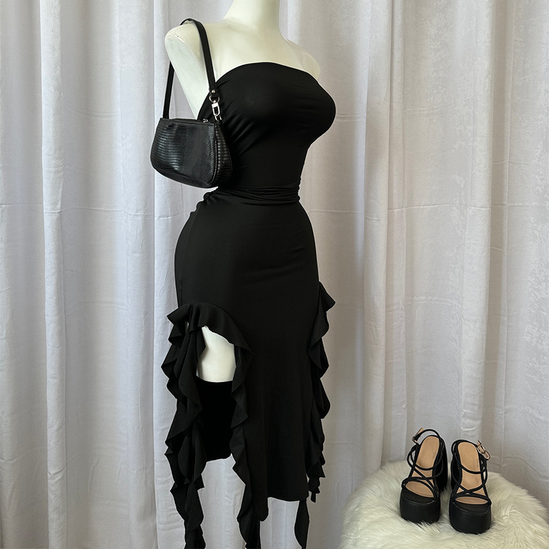 AliExpress Women Strapless Sexy Floral Fold Hemline High Slit Mini Dress 2024 Solid Backless Sleeveless Black And Pink Party Dress Vestidos, view 6