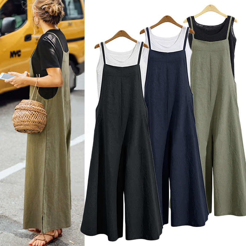 AliExpress Women Straps Jumpsuit Summer Solid Color Wide Leg Pants Dungaree Bib Overalls Casual Loose Sleeveless Cotton Linen Jumpsuits 5Xl