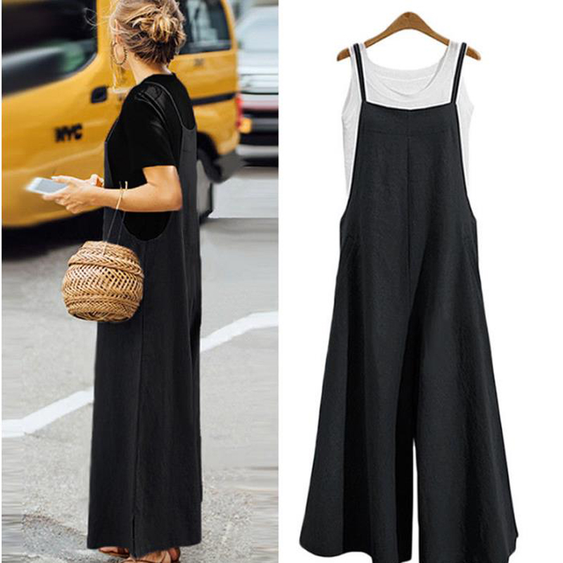 AliExpress Women Straps Jumpsuit Summer Solid Color Wide Leg Pants Dungaree Bib Overalls Casual Loose Sleeveless Cotton Linen Jumpsuits 5Xl, view 2