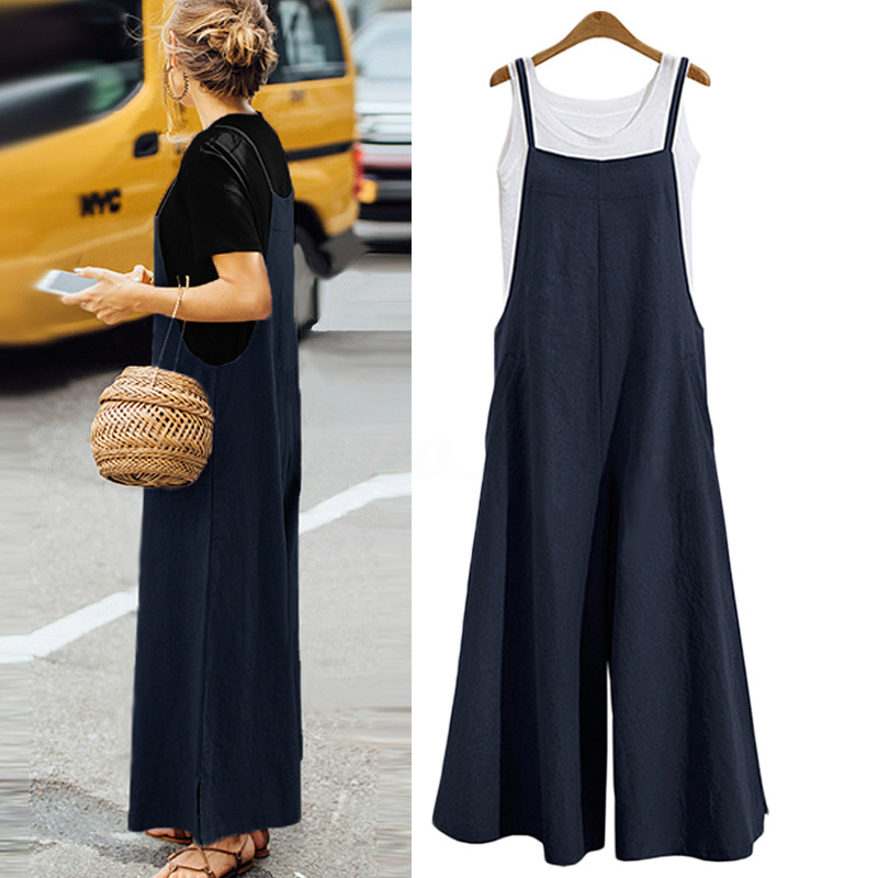 AliExpress Women Straps Jumpsuit Summer Solid Color Wide Leg Pants Dungaree Bib Overalls Casual Loose Sleeveless Cotton Linen Jumpsuits 5Xl, view 3