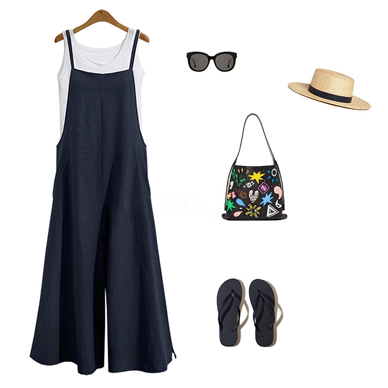 AliExpress Women Straps Jumpsuit Summer Solid Color Wide Leg Pants Dungaree Bib Overalls Casual Loose Sleeveless Cotton Linen Jumpsuits 5Xl, view 5