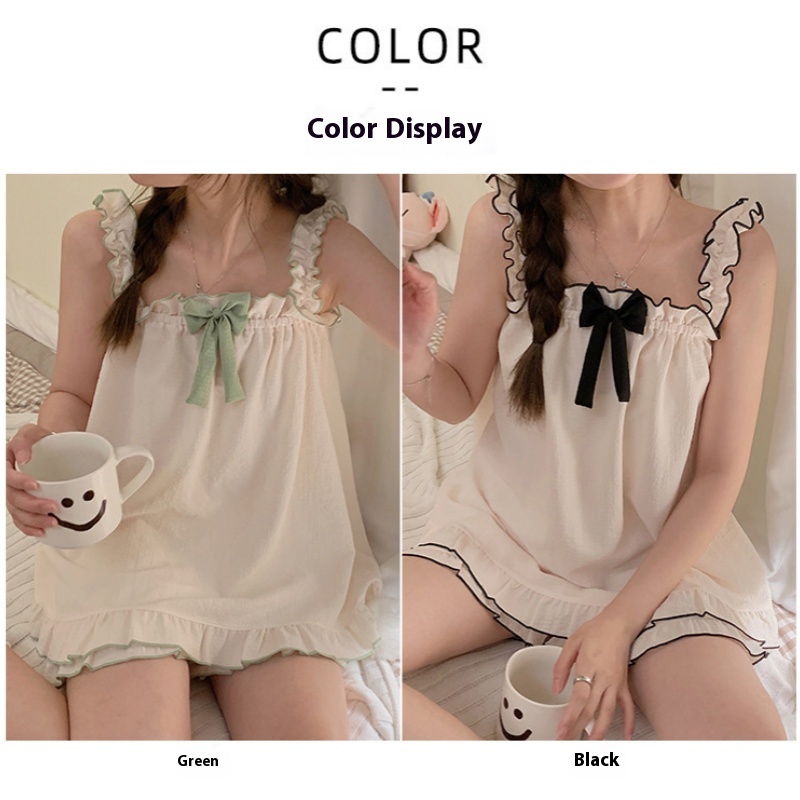 AliExpress Women Summer Suspenders Two Pieces Pajamas Short With Bow Sleeveless Thin Sweet Cute Cotton Homewear Loose Soft Square Collar