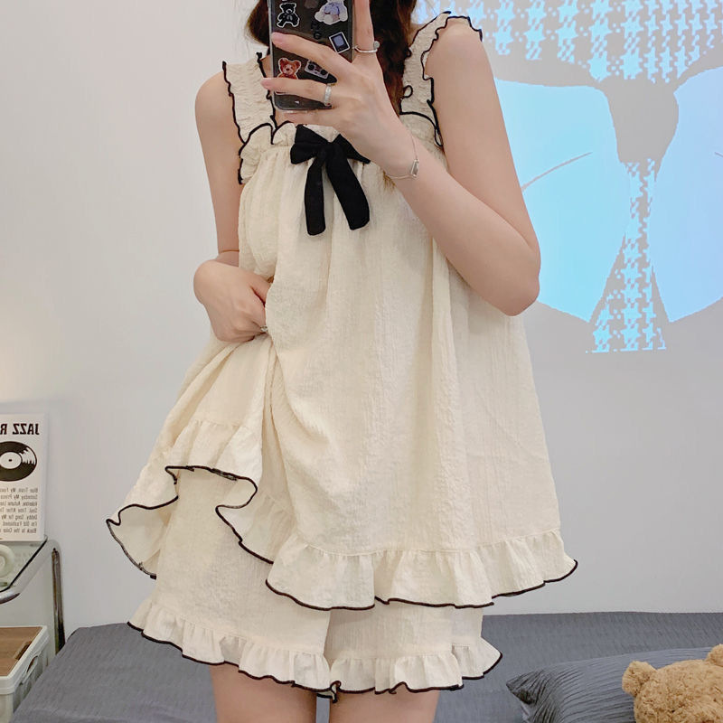 AliExpress Women Summer Suspenders Two Pieces Pajamas Short With Bow Sleeveless Thin Sweet Cute Cotton Homewear Loose Soft Square Collar, view 3