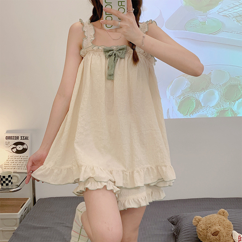 AliExpress Women Summer Suspenders Two Pieces Pajamas Short With Bow Sleeveless Thin Sweet Cute Cotton Homewear Loose Soft Square Collar, view 4