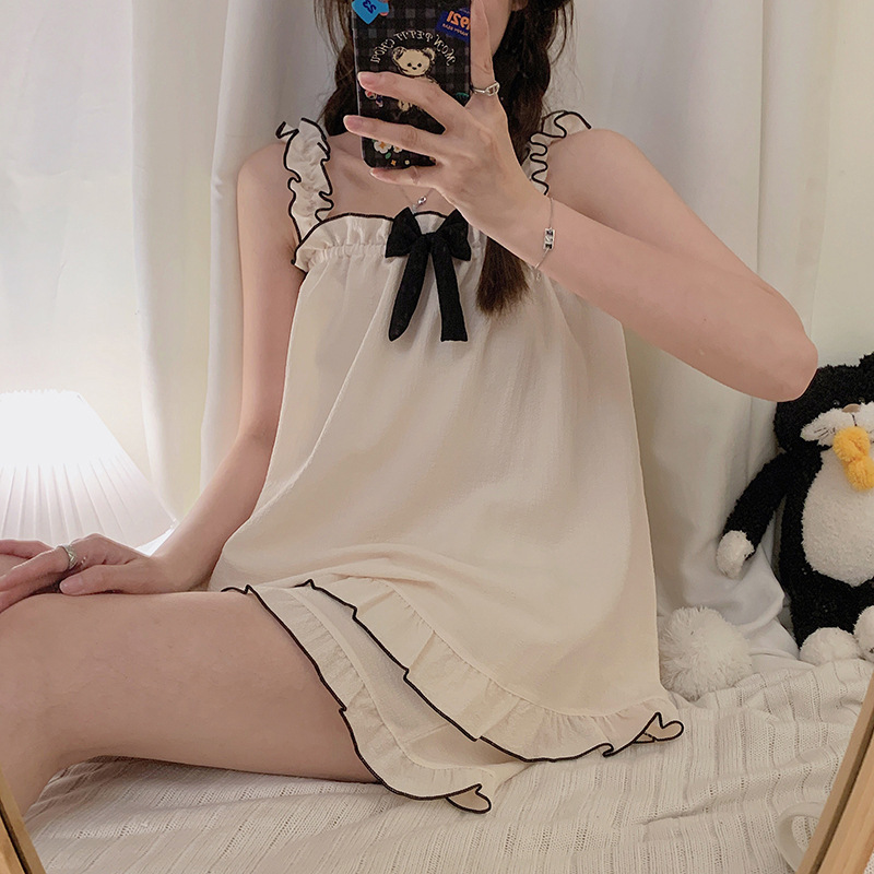 AliExpress Women Summer Suspenders Two Pieces Pajamas Short With Bow Sleeveless Thin Sweet Cute Cotton Homewear Loose Soft Square Collar, view 6