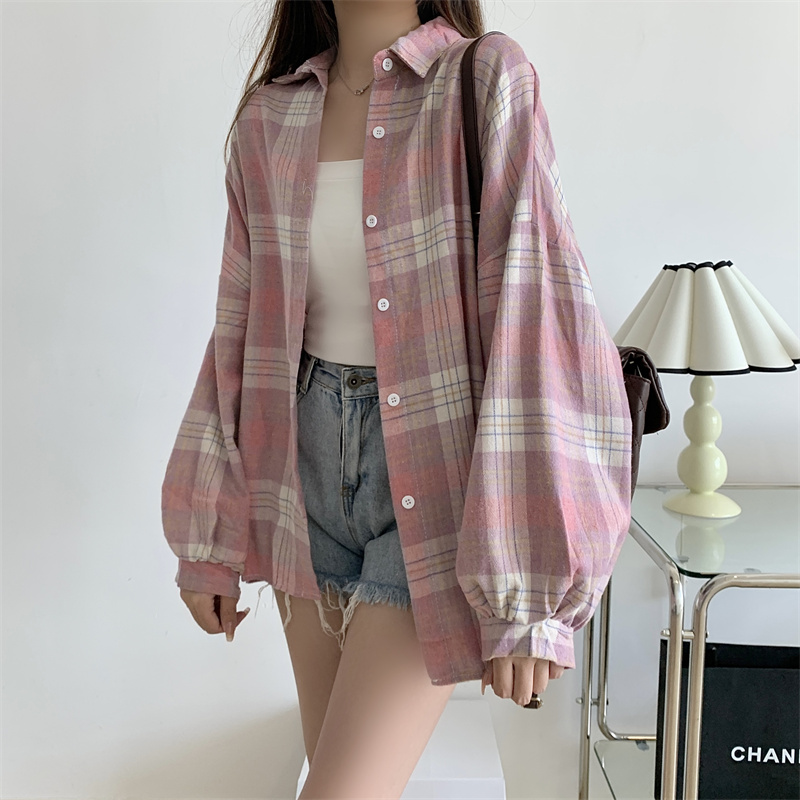 AliExpress Women Tartan Shirt Long Sleeve Collared Button Up Oversized Plaid Shirt Jacket Grunge Fashion Teenage Girl Spring Summer Outfit