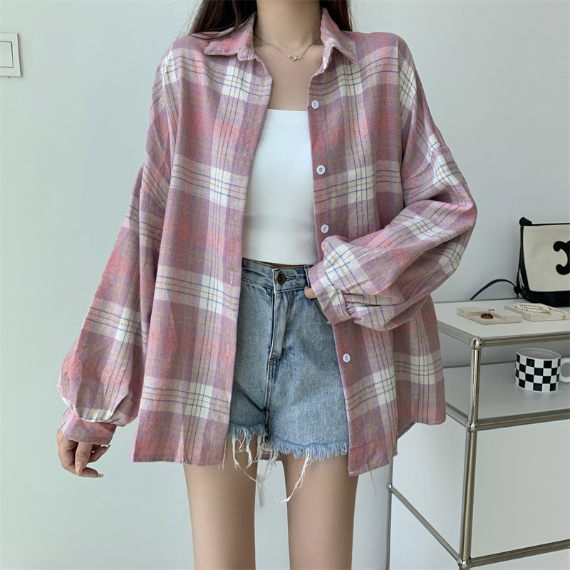 AliExpress Women Tartan Shirt Long Sleeve Collared Button Up Oversized Plaid Shirt Jacket Grunge Fashion Teenage Girl Spring Summer Outfit, view 2