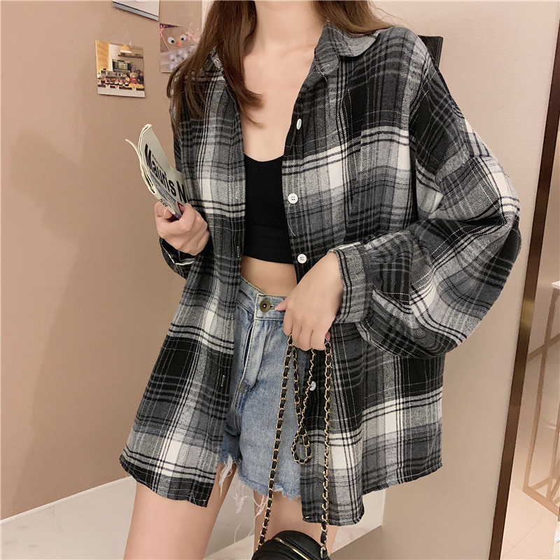 AliExpress Women Tartan Shirt Long Sleeve Collared Button Up Oversized Plaid Shirt Jacket Grunge Fashion Teenage Girl Spring Summer Outfit, view 3