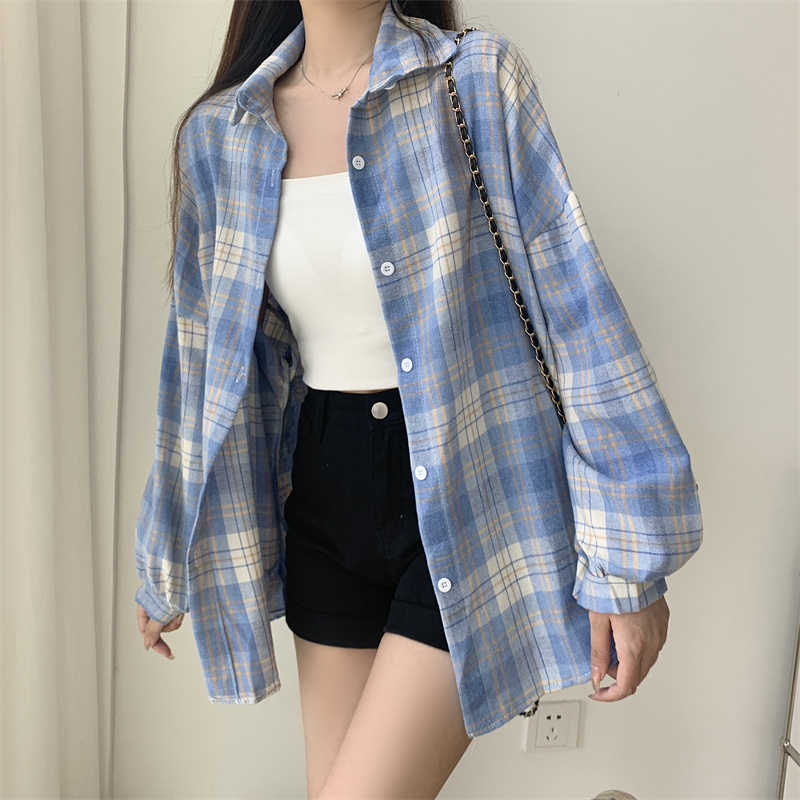AliExpress Women Tartan Shirt Long Sleeve Collared Button Up Oversized Plaid Shirt Jacket Grunge Fashion Teenage Girl Spring Summer Outfit, view 4