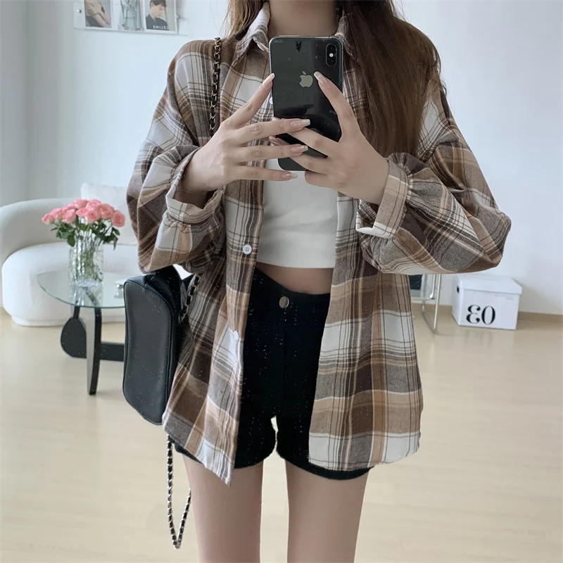 AliExpress Women Tartan Shirt Long Sleeve Collared Button Up Oversized Plaid Shirt Jacket Grunge Fashion Teenage Girl Spring Summer Outfit, view 5