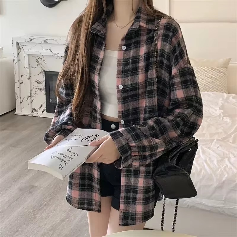 AliExpress Women Tartan Shirt Long Sleeve Collared Button Up Oversized Plaid Shirt Jacket Grunge Fashion Teenage Girl Spring Summer Outfit, view 6
