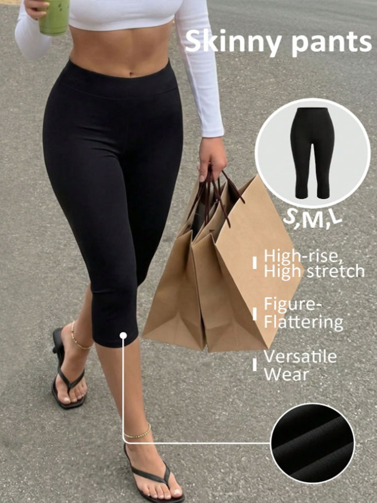 AliExpress Womens Elegant Solid Black High Waist Capri Leggings Sexy Elastic Slim Breathable Bottom Four Seasons All Year Casual Sweatpants, view 4