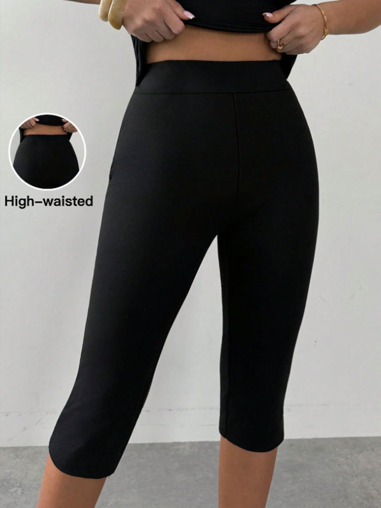 AliExpress Womens Elegant Solid Black High Waist Capri Leggings Sexy Elastic Slim Breathable Bottom Four Seasons All Year Casual Sweatpants, view 5