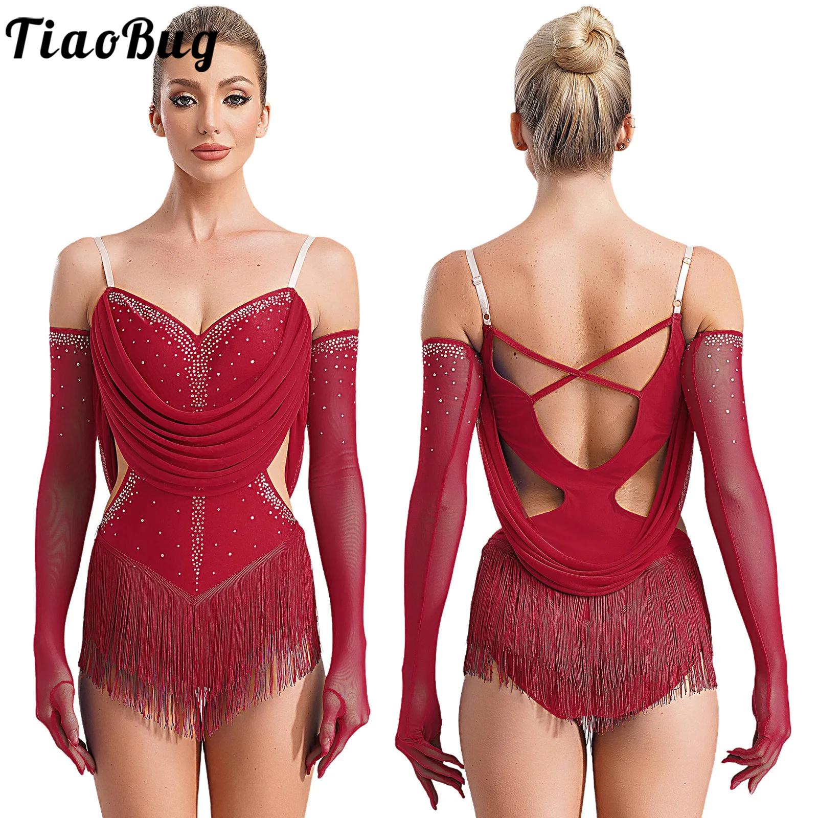 AliExpress Womens Tassel Latin Dance Leotard Dress Rhinestone Fringed Bodysuit+Gloves Outfits for Tango Cha-Cha Salsa Skating Performance
