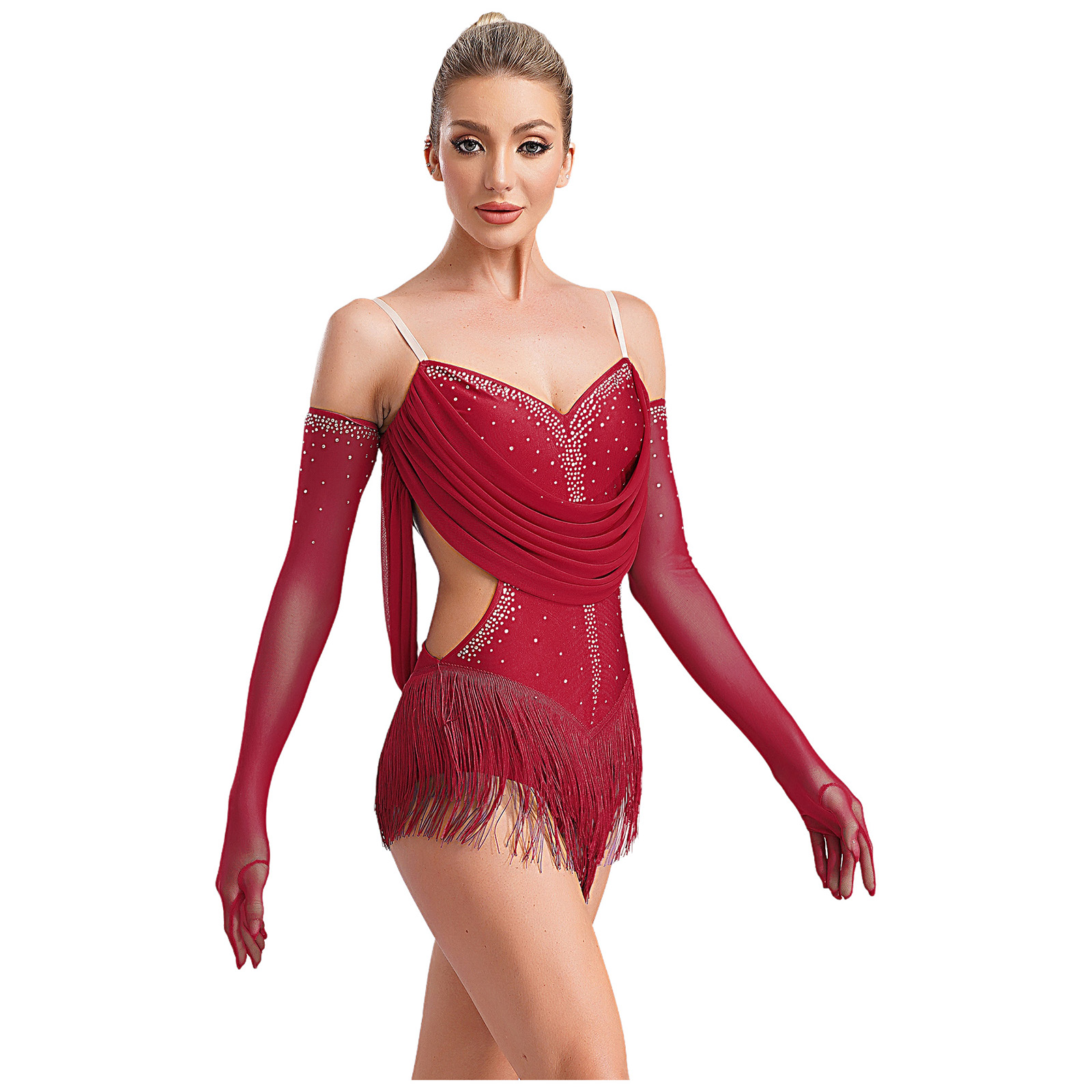 AliExpress Womens Tassel Latin Dance Leotard Dress Rhinestone Fringed Bodysuit+Gloves Outfits for Tango Cha-Cha Salsa Skating Performance, view 3