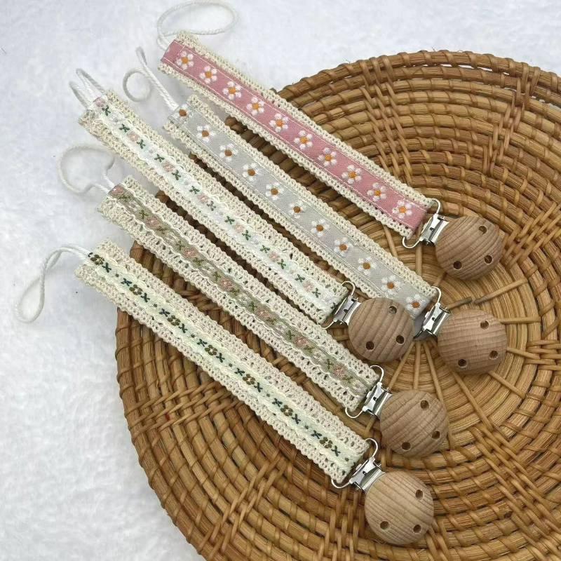 AliExpress Wooden Baby Pacifier Chain Cute Flower Print Dummy Nipple Holder Guard Teether Pendant Baby Accessories, view 2