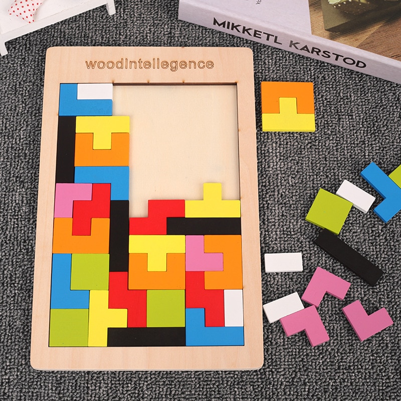AliExpress Wooden Blocks Puzzle Brain Teasers Toy Tangram Jigsaw Intelligence Colorful 3D Russian Blocks Montessori Educational
