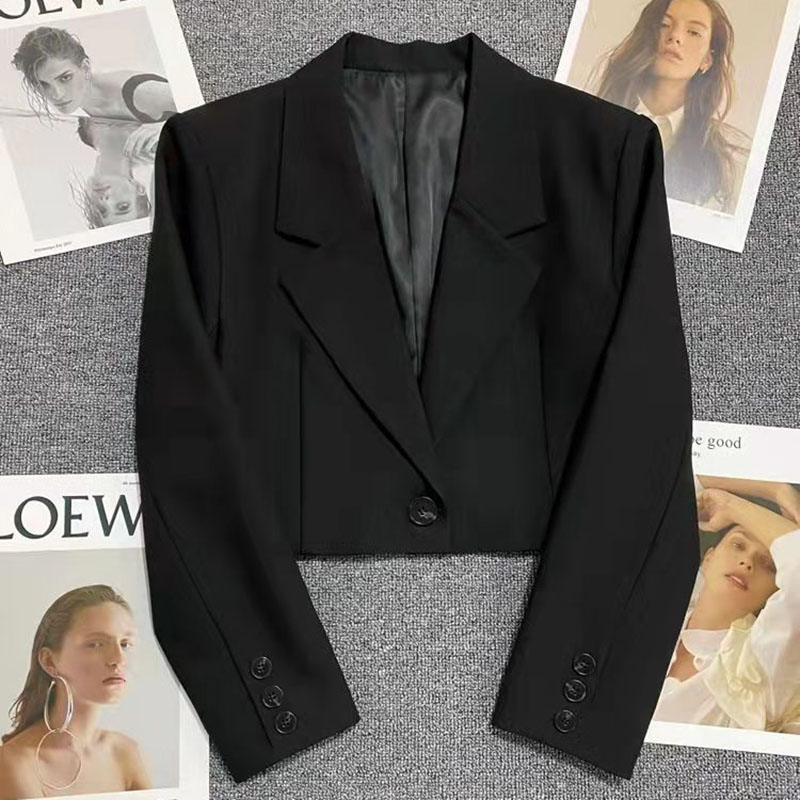 AliExpress Xpqbb Black Cropped Blazers Woman Trend 2024 New All-match Notched Collar Crop Jacket Women Korean Chic Single Button Suit Coat