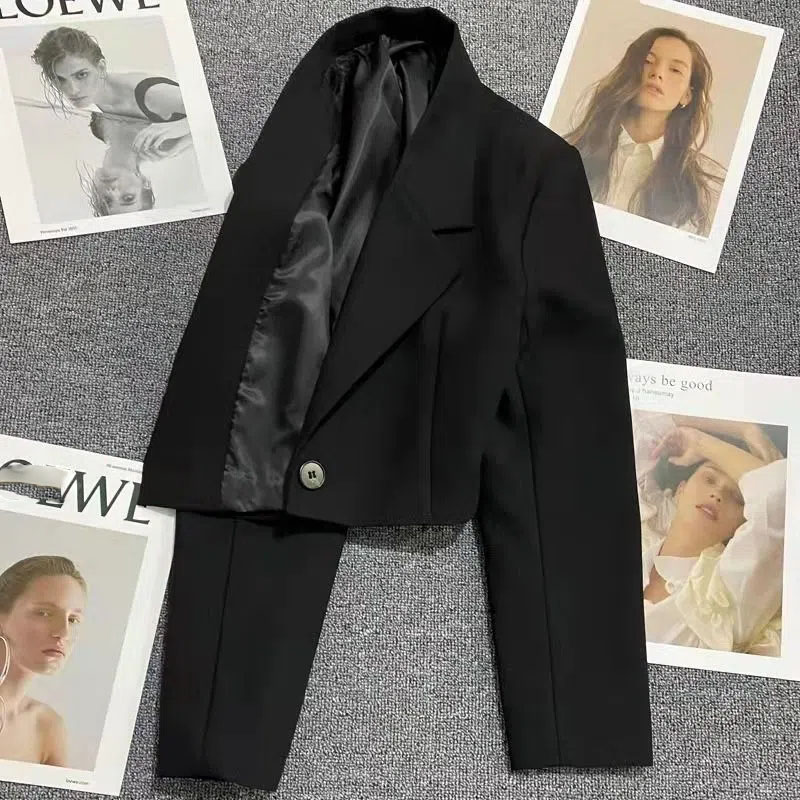 AliExpress Xpqbb Black Cropped Blazers Woman Trend 2024 New All-match Notched Collar Crop Jacket Women Korean Chic Single Button Suit Coat, view 2