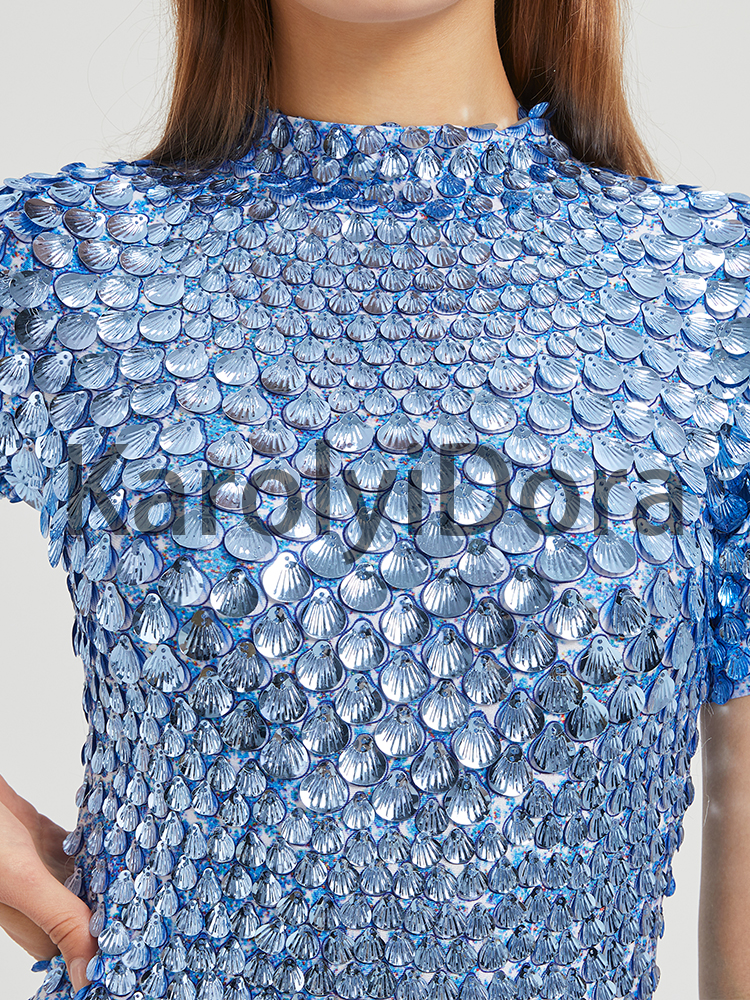 AliExpress XXXL Sexy Lake Blue Shell Sequins Mini Dress Nightclub Dance High Quality Performance Clothing Bodysuit Birthday Red Dresses, view 6