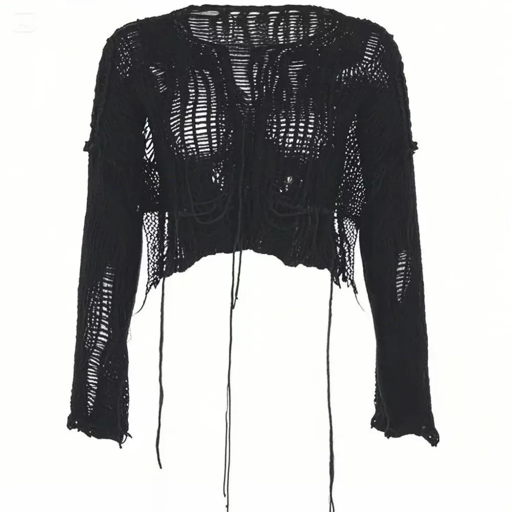 AliExpress Y2k Cropped Hole Sweater Sexy Gyaru Hollow Out Knit Pullovers Goth Korean Long Sleeve Jumper Summer Fashion Sheer Knitwears Tops