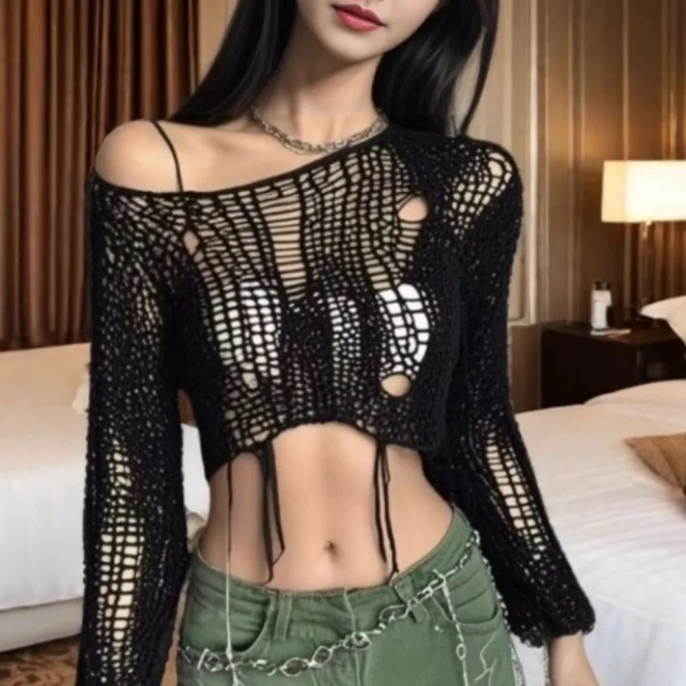 AliExpress Y2k Cropped Hole Sweater Sexy Gyaru Hollow Out Knit Pullovers Goth Korean Long Sleeve Jumper Summer Fashion Sheer Knitwears Tops, view 2