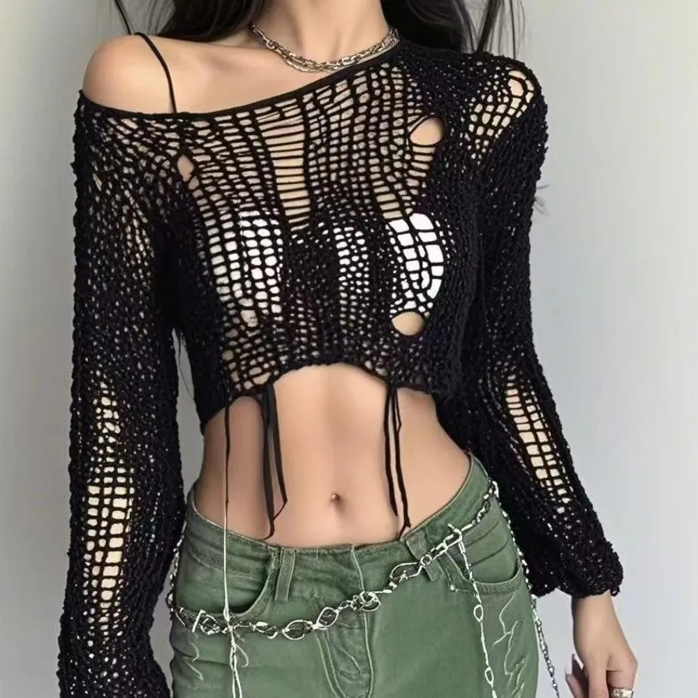 AliExpress Y2k Cropped Hole Sweater Sexy Gyaru Hollow Out Knit Pullovers Goth Korean Long Sleeve Jumper Summer Fashion Sheer Knitwears Tops, view 3