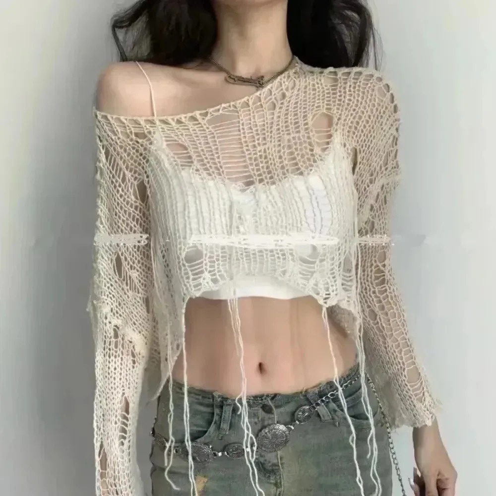 AliExpress Y2k Cropped Hole Sweater Sexy Gyaru Hollow Out Knit Pullovers Goth Korean Long Sleeve Jumper Summer Fashion Sheer Knitwears Tops, view 4