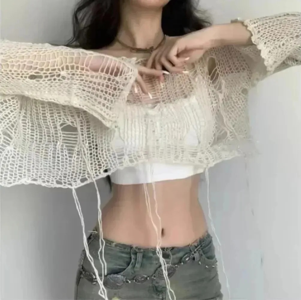 AliExpress Y2k Cropped Hole Sweater Sexy Gyaru Hollow Out Knit Pullovers Goth Korean Long Sleeve Jumper Summer Fashion Sheer Knitwears Tops, view 5