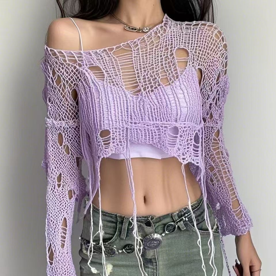 AliExpress Y2k Cropped Hole Sweater Sexy Gyaru Hollow Out Knit Pullovers Goth Korean Long Sleeve Jumper Summer Fashion Sheer Knitwears Tops, view 6