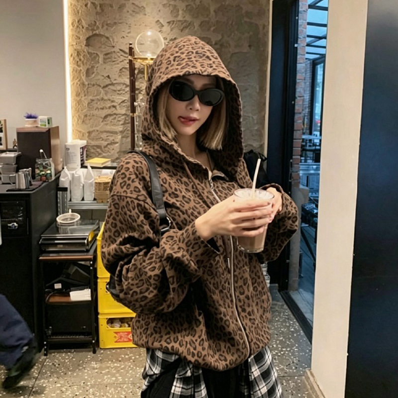 AliExpress Y2K Leopard Print Hooded Jacket Women Full Zip Drawstring Hood Long Sleeve Loose Fit Streetwear Street Club Ladies Outerwear