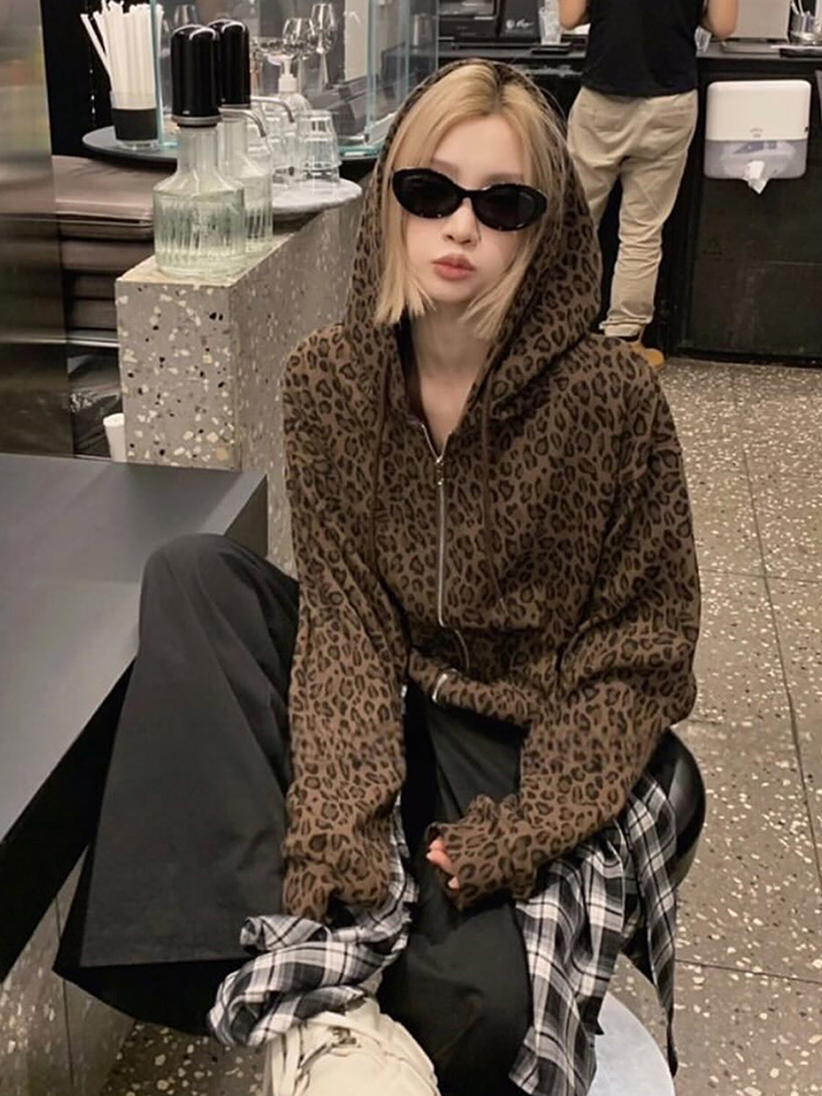 AliExpress Y2K Leopard Print Hooded Jacket Women Full Zip Drawstring Hood Long Sleeve Loose Fit Streetwear Street Club Ladies Outerwear, view 2