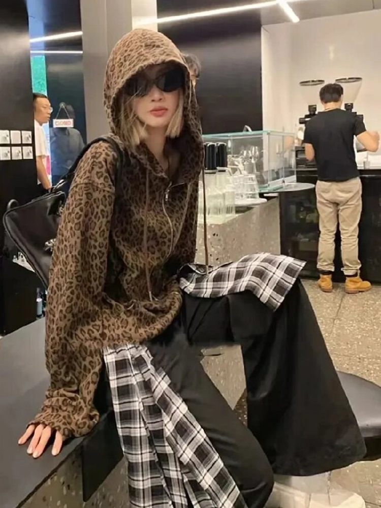 AliExpress Y2K Leopard Print Hooded Jacket Women Full Zip Drawstring Hood Long Sleeve Loose Fit Streetwear Street Club Ladies Outerwear, view 3