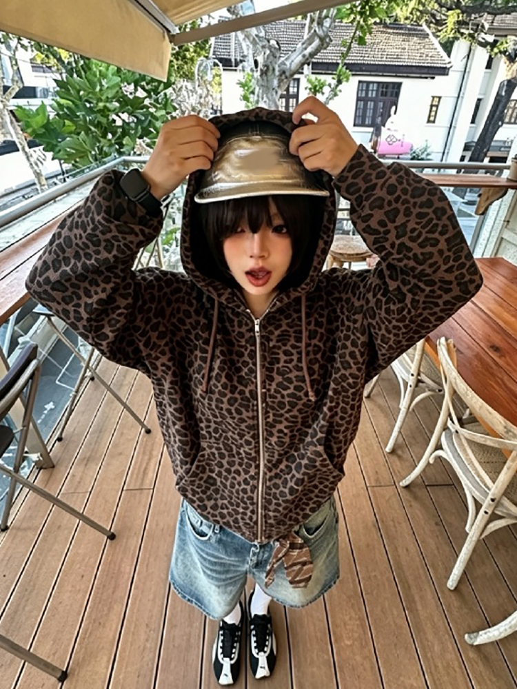 AliExpress Y2K Leopard Print Hooded Jacket Women Full Zip Drawstring Hood Long Sleeve Loose Fit Streetwear Street Club Ladies Outerwear, view 4