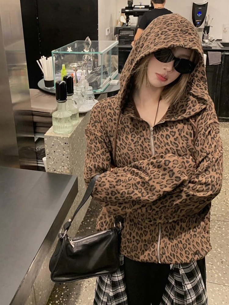 AliExpress Y2K Leopard Print Hooded Jacket Women Full Zip Drawstring Hood Long Sleeve Loose Fit Streetwear Street Club Ladies Outerwear, view 5